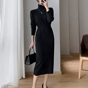 폴라넥 니트 원피스 H라인 골지허리라인 롱원피스 (KYR-W99A015)