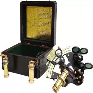 나무 상자 및 추가 망원경 2개가 장착된 블랙 파우더 코팅 황동 해리 육분면 선원 측량사를 위한 켈빈 앤
