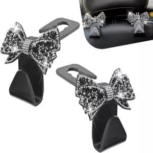 Icyfond 2PCS 블링 보우 카시트 헤드레스트 후크 S 타입 귀여운 백행거 보관함 가방 식료품 크리스탈