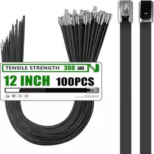 마시스트란스 메탈 지퍼 타이 100팩 12인치 304 스테인리스 스틸 300LBS 헤비 듀티 블랙 - 배기 랩 체인