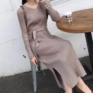 [샵앤] 여성 간절기 하객룩 골지 니트 허리끈 롱 원피스 WON-WDR-WE4B932