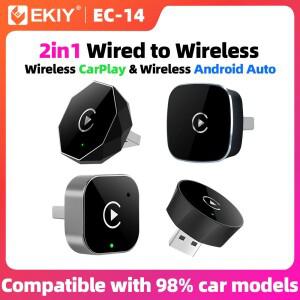 EKIY 무선 카플레이 동글 안드로이드 오토 어댑터 2in1 AI 스마트 박스 차량용 스마트 시스템 유선 지원