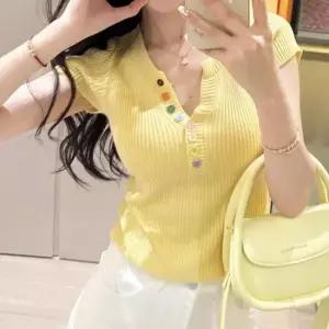 브이넥 슬림핏 썸머니트 반팔니트 티셔츠 여성니