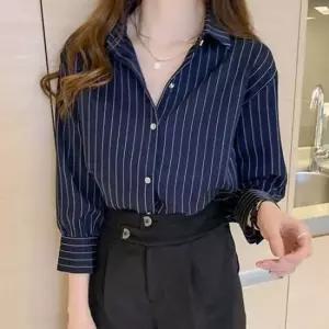 레이디스 줄무늬 모던핏 롱슬리브스탠다드 톱셔츠