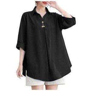 [Gabrioir] 여성 상의 여름 튜닉 큰 사이즈 무지 셔츠 5부소매 느긋 반소매 얇은 편 면마 멋쟁이 체형커버 심플 멋있다 롱티셔츠 탑 크루넥 봄 오피스 통근