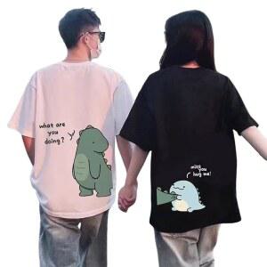 [쥬타오핑] 커플룩 티셔츠 커플 여름 남성 반소매 여성 상의 하복 t셔츠 귀엽다 면 세트 선물 부부 세련 공룡 큰 사이즈