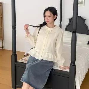 [다잇템] 여성 SS 사랑스러운 프릴 후레아 카라 라운드 레이스 블라우스