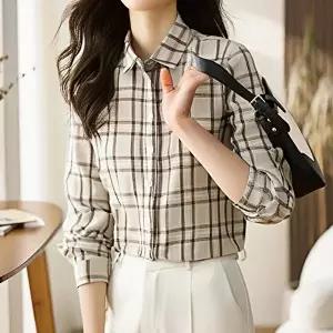 [패션시그널]베이지체크패턴 셔츠블라우스 34E30D