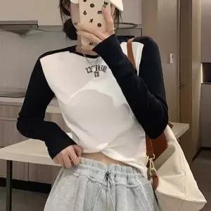 프릴티셔츠 봄 여성용 보트넥 레터링 긴팔 나그랑 배색 티셔츠