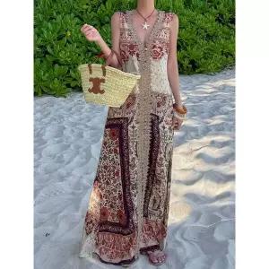 [비바럽]보헤미안 비치 원피스 OP20367F 여름 나시 민소매 롱 에스닉 플라워 맥시 휴양지.._P416617163