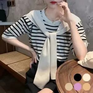 줄무늬 풀오버가짜 케이프 반팔티 스타일