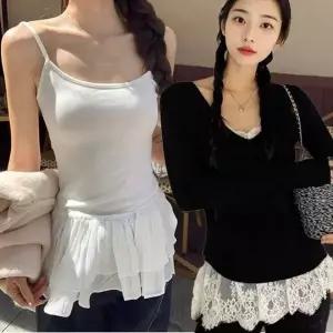시스루 레이스 프릴 여성용 이너 나시 티셔츠 레이어드용