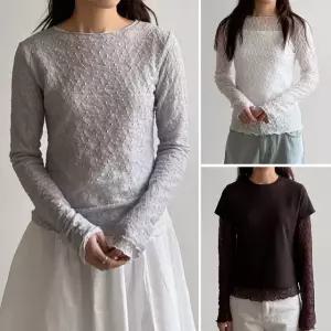 여성 봄 가을 국산 도트 시스루 레이스 보트넥 긴팔티 레이어드 이너티 TS1041S