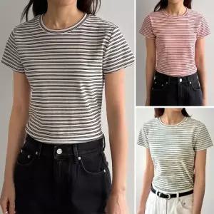 여성 여름 국산 미니핏 워싱 면 스판 단가라 배색 반팔티 기본티 이너티 데일리 스트라이프 TS1027S