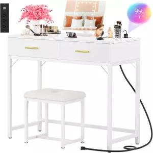 충전소가 있는 사이클리시오 베니티 데스크 조명 거울이 화이트 메이크업 3중 접이식 서랍과 콘센트 3개