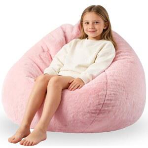 EN HUI 3피트 인조 모피 편안한 메모리 폼 빈백 의자, 충전 소파, 손잡이가 있는 매우 부드러운 세탁 가능 천 레이지 소파 핑크