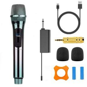 Katotey 휴대용 무선 마이크, 충전식 UHF 대형 무대 노래 노래방 웨딩 DJ 파티 연설 교회 수업 용 다이나믹 마이크 PA 시스템 (그린) DS-0N