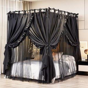 아키키 4 코너 포스트 캐노피 침대 커튼 더블 레이어 아늑한 드레이프 네팅 오프닝 모기장 장식용 (블랙, 퀸)