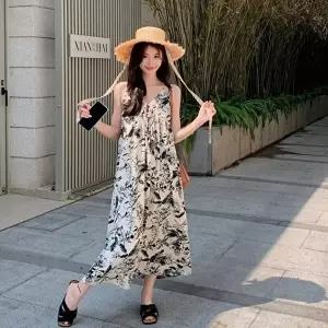 여성 여름 페미닌 수묵화 플라워패턴 끈나시 롱원피스 (KYR-WFHCF1C)