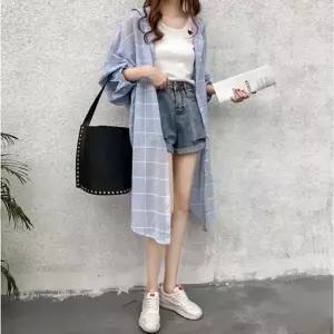 롱 원피스형 후드 체크남방 여자 간절기 셔츠 (KYR-WFKBX4G)