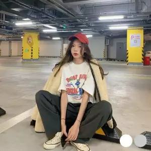 여성용 오버핏 귀여운 곰 캐릭터 영문 레터링 티셔츠