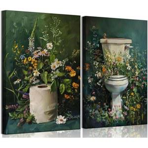 2Pcs 다크 그린 욕실 화장지 롤 캔버스 월 아트 식물성 화장실 무디 야생화 포스터 장식용 빈티지 플라워 사진 인쇄