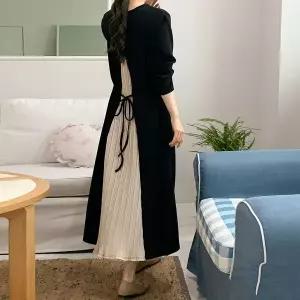 [하프클럽/]마이 루즈핏 플리츠 리본 끈 롱 원피스 배색 하객룩