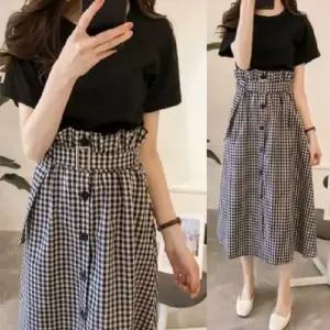나들이 투피스 세트 스커트 체크 주말 티셔츠 롱 여자
