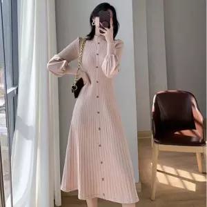 여성 하객룩 하프넥 단추 플리츠 니트 롱 원피스 WON-WDR-WFICGGV