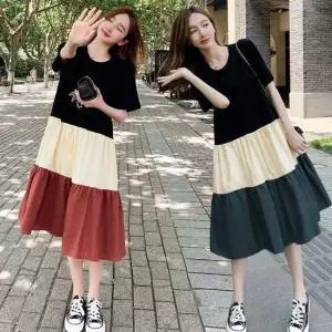 캐주얼 A라인 배색 포인트 반팔 원피스