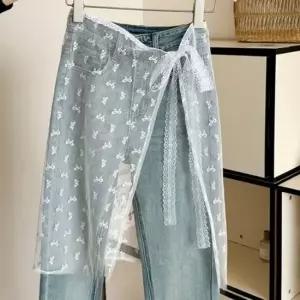 청바지 레이스 레이어드 나비 꽃 자수 스커트