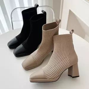 [멜팅브라운] 여성 니트 삭스 부츠 가죽 미들힐 부츠 (S23730771)