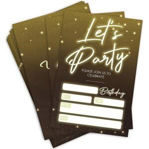 IKFRGN 렛츠 파티 생일 초대장 네온 골드 글리터 테마 20 봉투로 구성된 축하 장식 및 보급품 A17