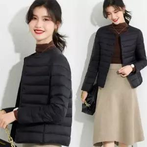 여성용 경량 노카라 긴팔 퀼팅 패딩 자켓 겨울용