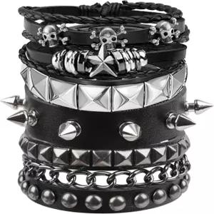 몰리렉스 4개 펑크 록 스터드 팔찌 세트 남성 가죽 커프 80년대 이모 고스 악세사리