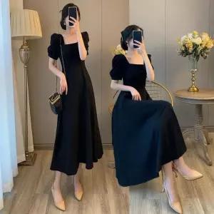 여자 블랙 벌룬소매 롱 퍼프 롱원피스 원피스 반팔 하객룩 긴치마 롱치마