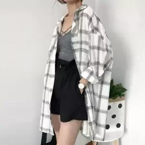 오버핏 체크패턴 셔츠 롱기장 남방 베이직 데일리룩 WAF1838