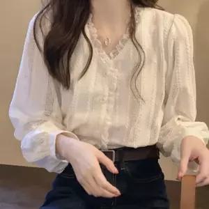 [하프클럽/]여성 브이넥 얇은 하객 봄 직장 대학생 프릴 블라우스