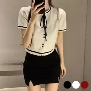 넥리본 반크롭 니트 가디건 URD365 숏볼레로 볼레로 간절기 미니 긴팔 볼레로 (KYR-WFHX8N1)