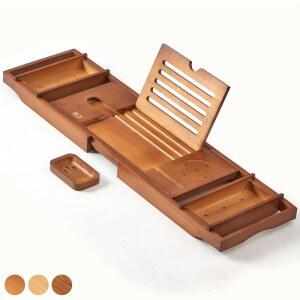 XcE 대나무 욕조 캐디 트레이 - 북 스탠드, 비누 홀더 및 미끄럼 방지 패드로 41인치까지 확장 가능, 고급 목욕 스파, 브라운