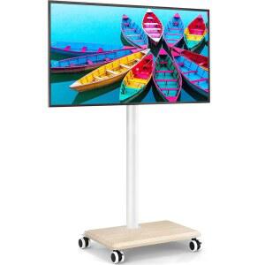 최대 88파운드까지 32~55개의 60인치 TV를 위한 광케이블 롤링 TV 스탠드, 높이 조절 가능한 모바일 목재 베이스, 공간 절약형 디자인의 높은 카트 바닥 거실, 침실, 모서리(흰색)