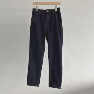 여성 배기진 진한색 기모 데님 슬림핏 스티치 면바지