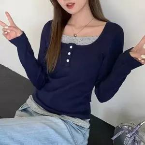 레이어드탑 레이어드 U넥 버튼 긴팔티 데일리 여리핏 네이비 롱슬리브