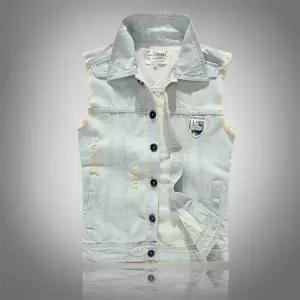 남성청자켓 캐주얼 슬림핏 구제 라이더 데님조끼 심쿵빛