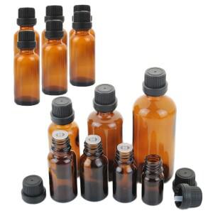 12pcs 5ml/10ml/15ml/20ml/30ml/50ml/100ml 앰버 에센셜 오일 유리 병 검은 모자와 리필 Dropper 용기