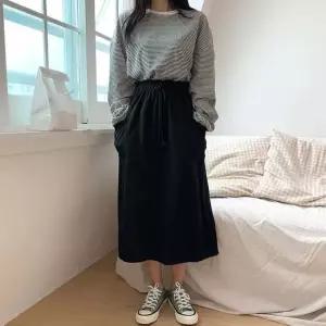 양포켓 밴딩 롱 스커트 캐주얼 구제 면 치마 데일리룩 청롱스커트