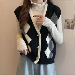 아가일 니트 베스트 브이넥 여성 조끼 레이어드 데일리 (WFKHDEH)