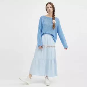 여성 밴딩 캉캉 단추 포인트 플레어 롱스커트 EGG-WSK-21023-소라