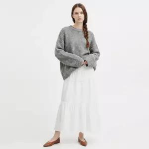 여성 밴딩 레이스 포인트 캉캉 플레어 롱스커트 EGG-WSK-21026-아이보리