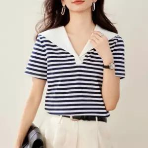 여성 데일리룩 브이넥 카라 스트라이프 반팔 티셔츠슬림핏레이스 여리여리 핏티 이너 레이어드 레이스